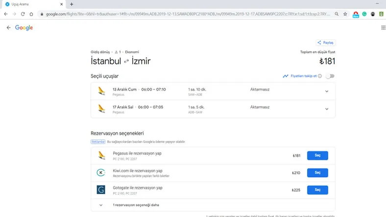 Google Flights axtarış sistemi